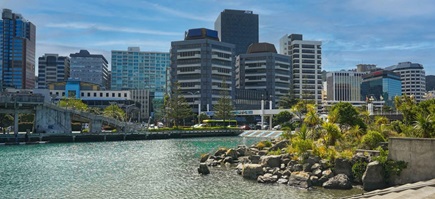 View of Datacom twin buildings on Jervois Quay from across Whairepo Lagoon.