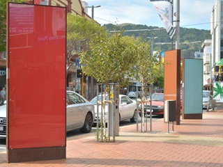 Light boxes in Courtenay Place displaying the artwork by Gary Peters.