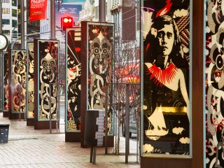 Johnson Witehira's Land of Tara exhibition installed in Courtenay Place lightboxes.