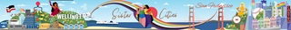 A wide banner showing stylised illustrations of Wellington and San Francisco, linked by a rainbow. Figures in the centre stand in a purple and pink heart.