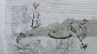 Still from a video showing hand-drawn black and white illustrations of wildlife, Māori designs, and pastoral scenes. The images are layered over a video of a serene lakeside.