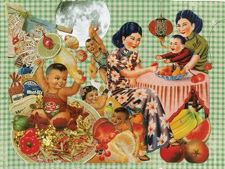 Cartoon image of two ladies and a baby sitting at a table, surrounded by New Zealand and Asian food.