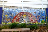 A mosaic depictinga meditating jester at Flagstaff Hill Park.