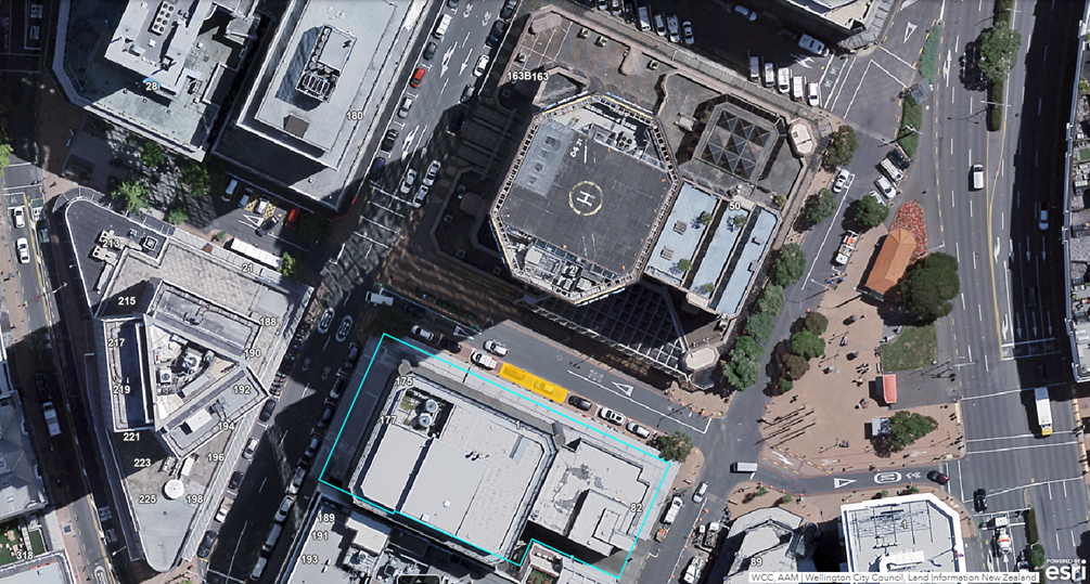 Example aerial view of parklet area with proposed car parks highlighted.