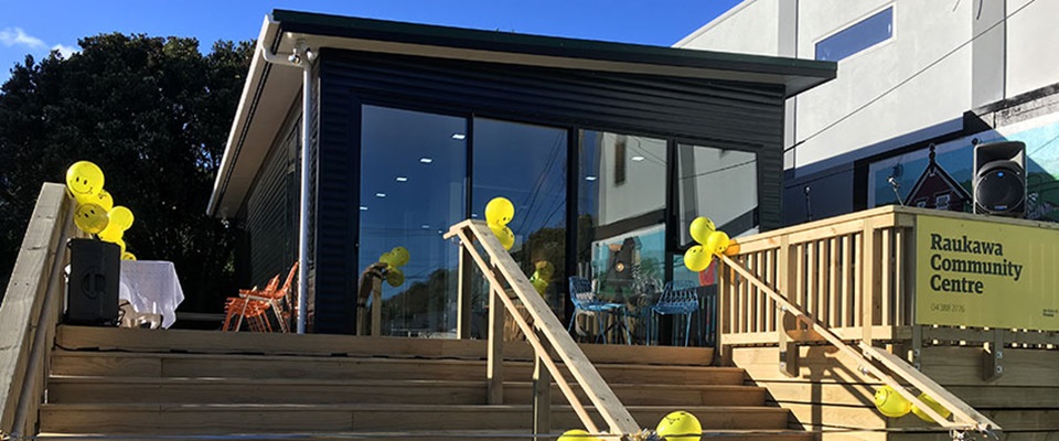 The outside of Raukawa Community Centre on launch day, decorated with yellow balloons.