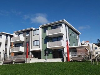 Exterior daylight view of the Te Mara Community Room in Mount Cook, Wellington.
