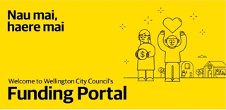 The branding on our funding portal, yellow with black text saying Welcome to Wellington City Council's Funding Portal.