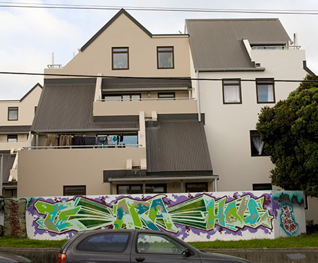 Te Ara Hou flats, showing large scale mural in front of complex.