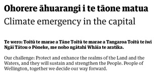 Climate emergency in the capital. Our challenge: Protect and enhance the realms of the Land and the Waters, and they will sustain and strengthen the People. People of Wellington, together we decide our way forward.
