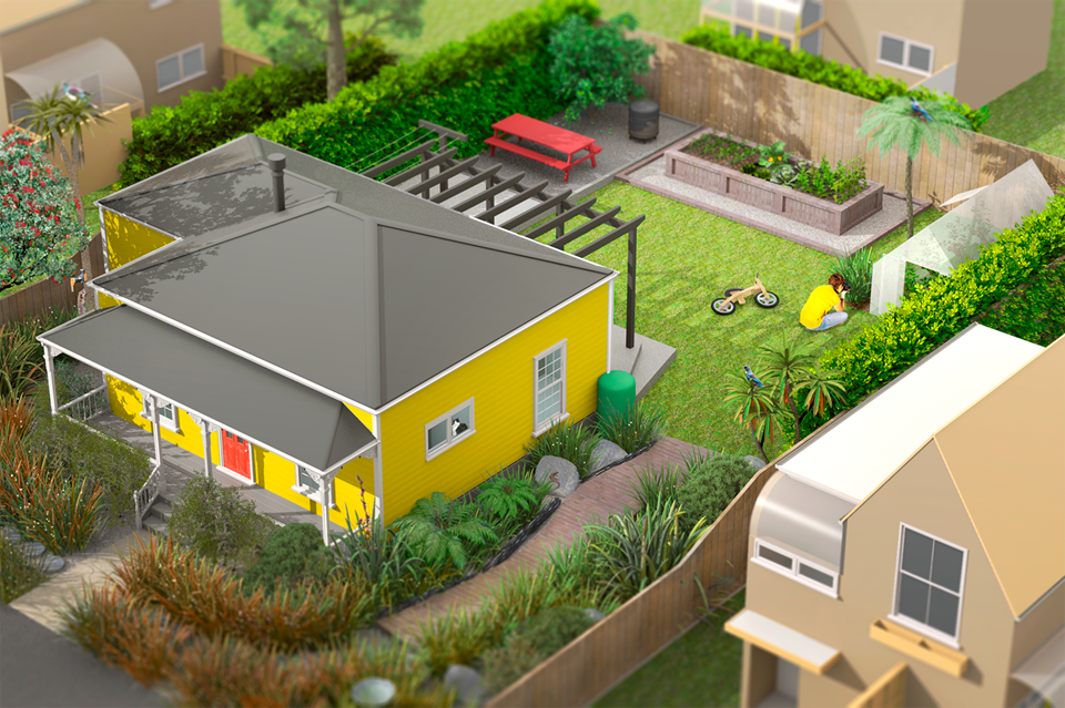 Illustration of a house and garden showing backyard biodiversity.