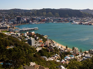 Wellington City as viewed from the top of Mount Victoria, including the CBD, Oriental Bay and the harbour.