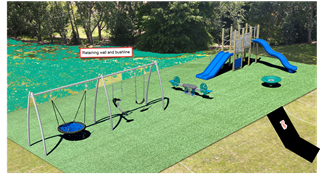 Final design of the new Breaker Bay playground showing slides, swings, a see-saw and bowl spinner.