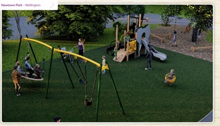 Artists impression of the design for Newtown park, showing green grass, swings, slide and other play equipment.