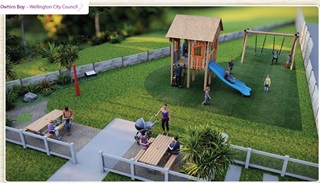 Artists impression of the renewed Owhiro play area, showing green grass, a fort, swings and a slide.
