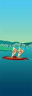 Stylised red double hulled waka sailing in Wellington harbour.