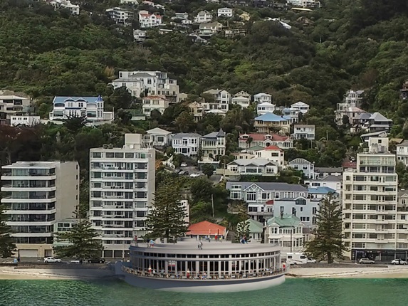 Proposed view of the renovated Oriental Bay rotunda as seen from above.