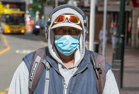 Person wearing a face mask in Wellington city centre.