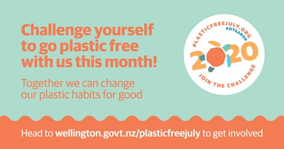 Green and orange poster challenging people to go plastic free for the month of July.