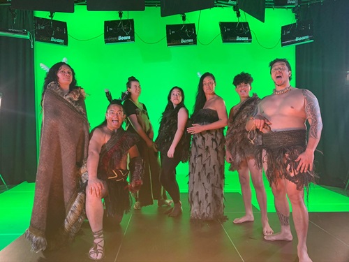 Some of the cast of Ahi Ka in costume and on set at Avalon Studios.