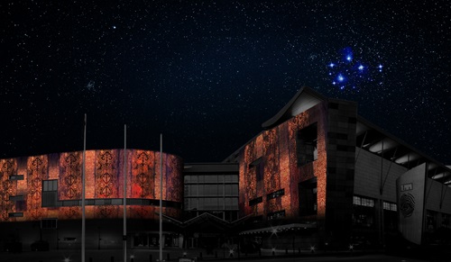 An artist impression of the Ahi Ka projection on Te Papa.