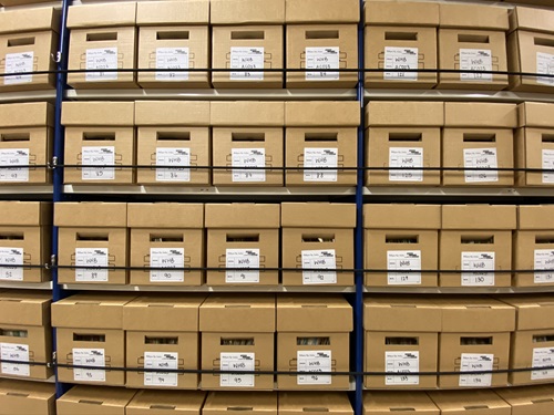 A wall of boxes containing Wellington Harbour Board records. 