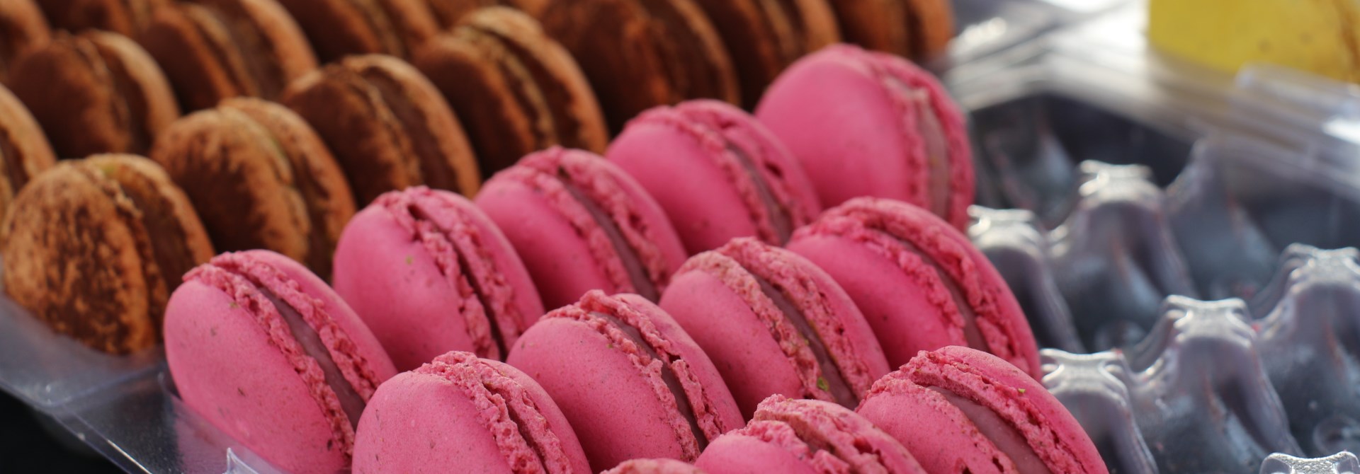 Twelve bright pink macarons with chocolate macarons behind, neatly displayed in a plastic holder.
