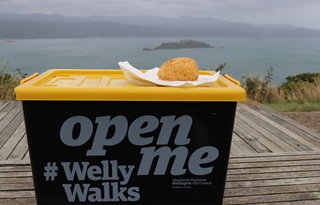 The plastic yellow and black Welly Walks box with a cheese scone on top, sitting in Gilberd Bush Reserve with a view of Wellington Harbour and Somes Island beyond.