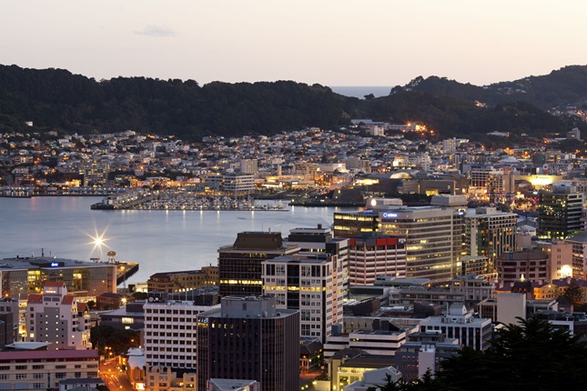 A shot of Wellington city and harbour at twilight.