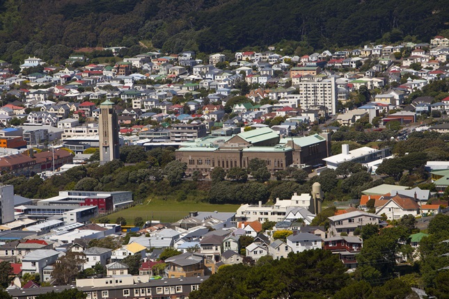 An aerial shot of Mt Victoria and the old museum, which is now Massey University, and the War Memorial and Carillon.