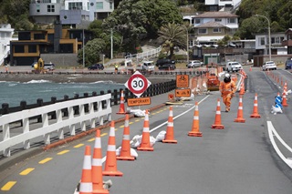 Road works happening along Kio Bay, Wellington.