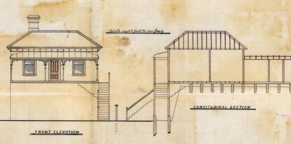 Technical line drawing of old house on aged brown paper. 