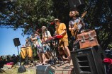 A line-up of musicians, including on keyboard, bongo drums, and guitar, performing outside next to trees with blue sky beyond.