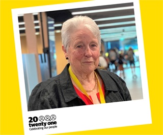 A portrait of Bernice Dickie, a librarian of 60 years, framed in a polaroid with the 20 Twenty One logo, as part of a Wellington City Council profile series that celebrates staff who have been with the organisation for 20 or more years.