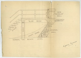 A yellowing piece of paper from 1932 with a black pen drawing depicting the whirler wall, the new design for the Lyall By sea wall.
