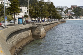 The Oriental Bay sea wall curling around to the right, with bus stop and pedestrians on left, ocean on right, and buildings including St Gerard's on hill beyond. 
