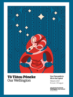 The cover of the Our Wellington magazine winter 2021 edition, which is a Matariki special and features an illustration of a red Māori tiki with nine stars above, and a blue and black patterned background. 