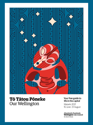 The cover of the Our Wellington magazine winter 2021 edition, which is a Matariki special and features an illustration of a red Māori tiki with nine stars above, and a blue and black patterned background. 