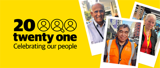 Yellow 20 Twenty One logo showing portraits of three Wellington City Council staff.