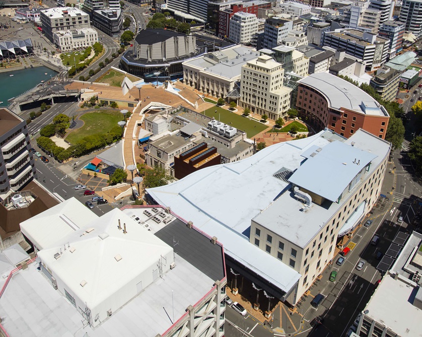 A coloured birds eye view photograph of Wellington's Civic Square area, taken in 2016. 