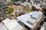 A coloured birds eye view photograph of Wellington's Civic Square area, taken in 2016. 