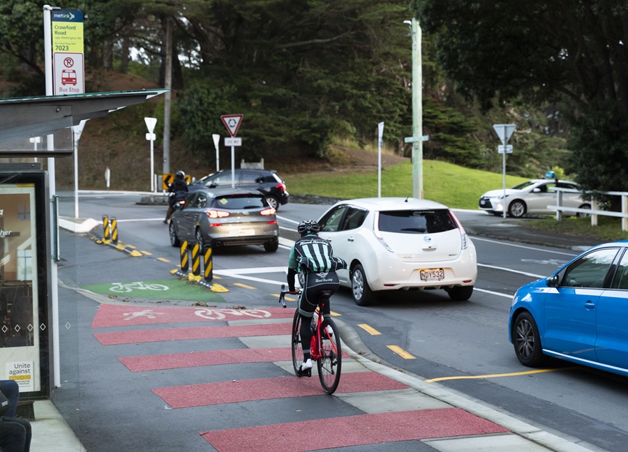 Cyclist on bike lane on Crawford Road in Kilbirnie