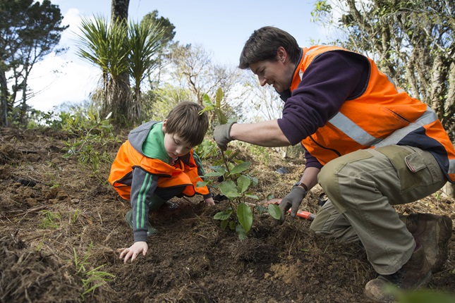 A young boy, and a woman with short brown hair, both wearing high-vis orange vests while crouching on a hillside planting a small tree amongst shrubs and blue sky beyond.