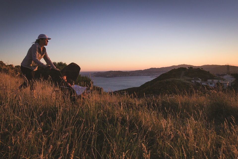A woman wearing active wear and a cap pushing a pram along a hillside with Wellington harbour in the background at sunrise.