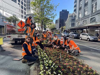 Group of gardeners on Lambton Quay smiling at the camera whilst planting new impatiens (flowers).