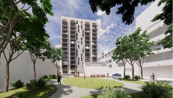 Artist's impression of the new park with the apartment building in the background.