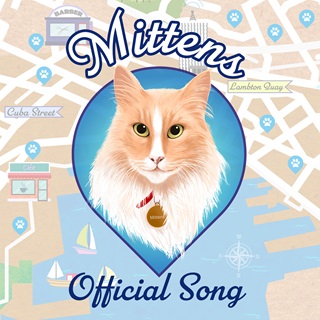 A design of Mittens the cat's head overlayed on a map of Wellington with words that read 