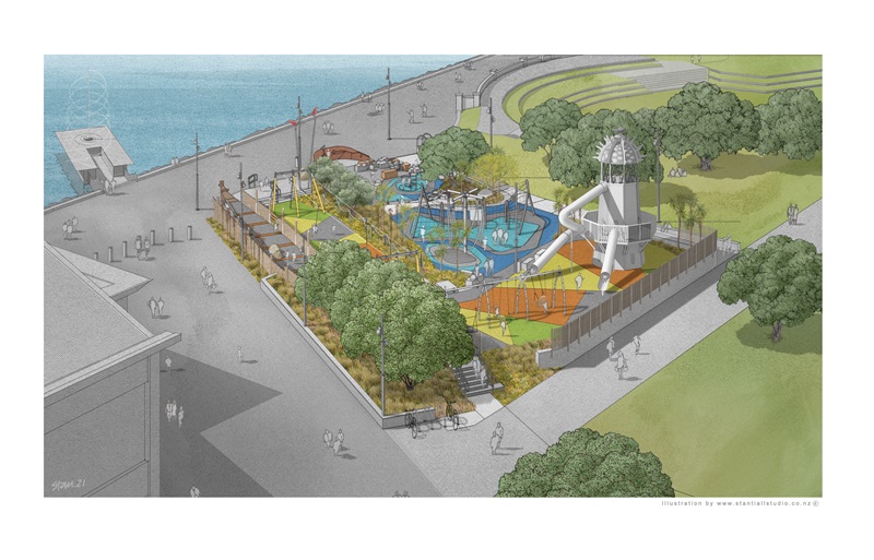Frank Kitts Playground upgrade aerial view illustrations by Stantiall's Studios 
