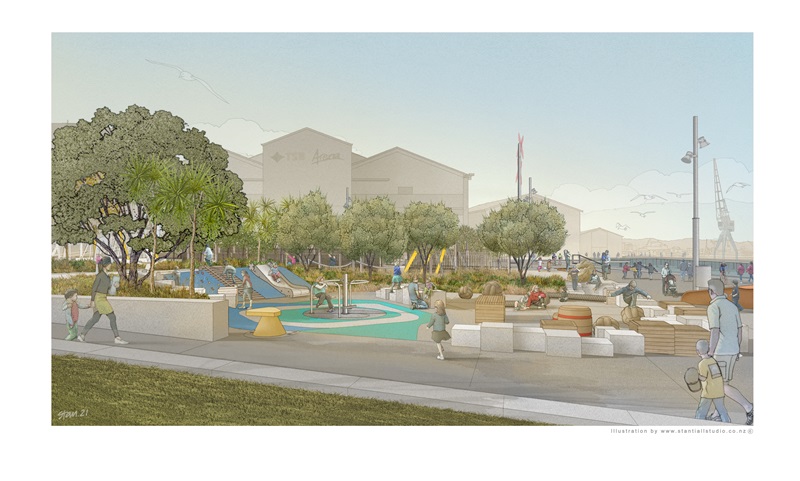 Frank Kitts Playground upgrade view from park illustrations by Stantiall's Studios Frank Kitts Playground upgrade view from park illustrations by Stantiall's Studios