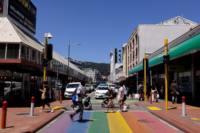 Wide angle image of rainbow markings on Dixon Street at pedestrian crossing section