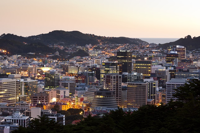 The Wellington CBD at dusk with light shining from buildings. 